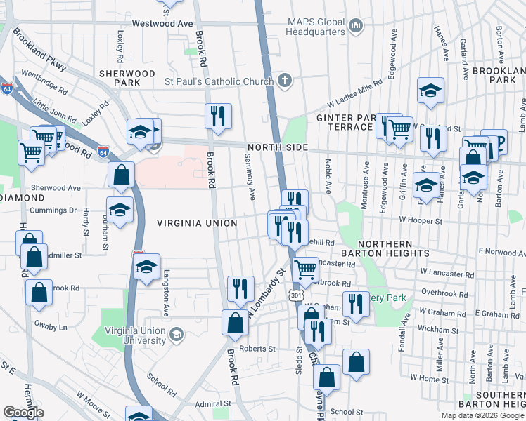 map of restaurants, bars, coffee shops, grocery stores, and more near 2901 Seminary Ave in Richmond