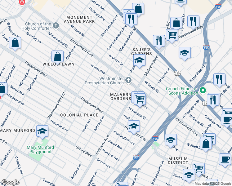 map of restaurants, bars, coffee shops, grocery stores, and more near 1008 Antrim Avenue in Richmond