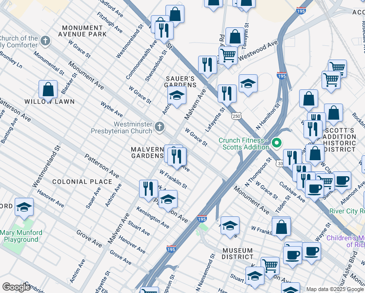 map of restaurants, bars, coffee shops, grocery stores, and more near 4099 Monument Avenue in Richmond