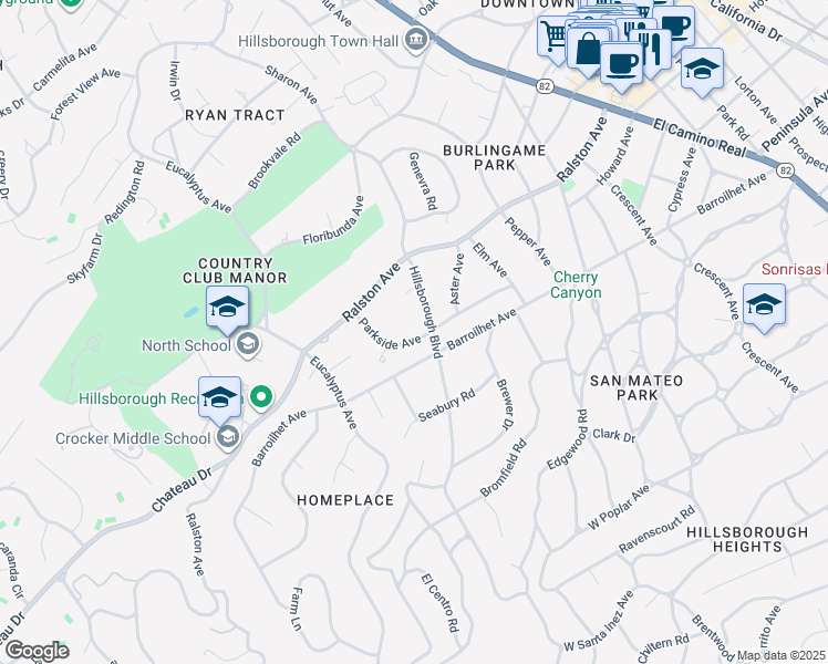 map of restaurants, bars, coffee shops, grocery stores, and more near 2120 Parkside Avenue in Hillsborough