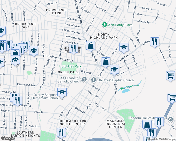 map of restaurants, bars, coffee shops, grocery stores, and more near 2903 Woodcliff Avenue in Richmond