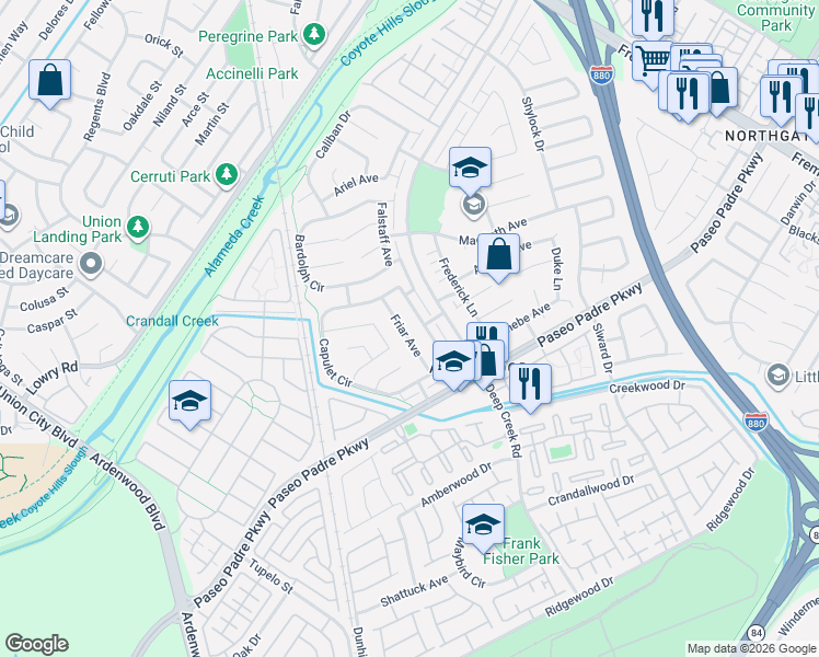 map of restaurants, bars, coffee shops, grocery stores, and more near 4928 Friar Avenue in Fremont