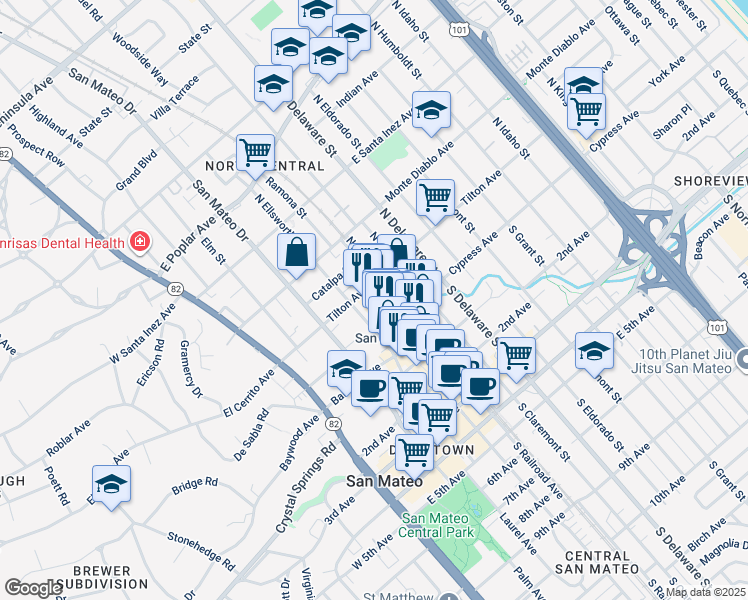 map of restaurants, bars, coffee shops, grocery stores, and more near 78 North Ellsworth Avenue in San Mateo