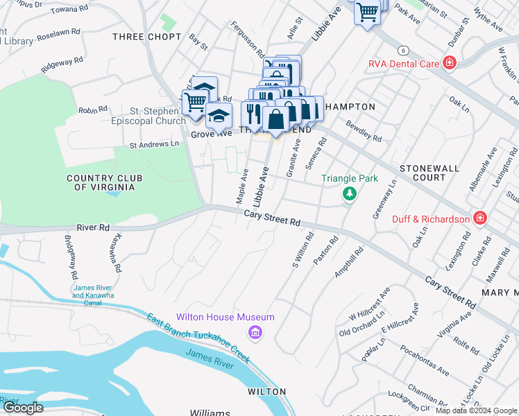 map of restaurants, bars, coffee shops, grocery stores, and more near 5418 Cary Street Road in Richmond