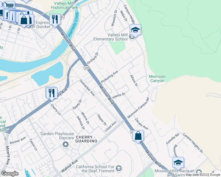 map of restaurants, bars, coffee shops, grocery stores, and more near 38713 Crane Terrace in Fremont