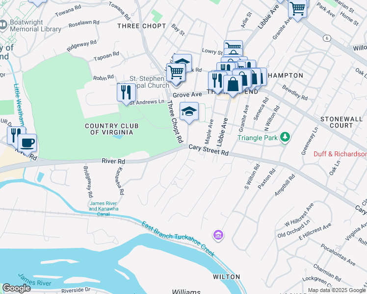 map of restaurants, bars, coffee shops, grocery stores, and more near 4140 River Road in Richmond