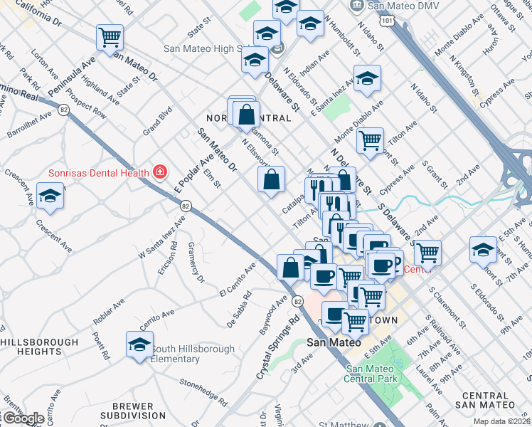 map of restaurants, bars, coffee shops, grocery stores, and more near 137 San Mateo Drive in San Mateo
