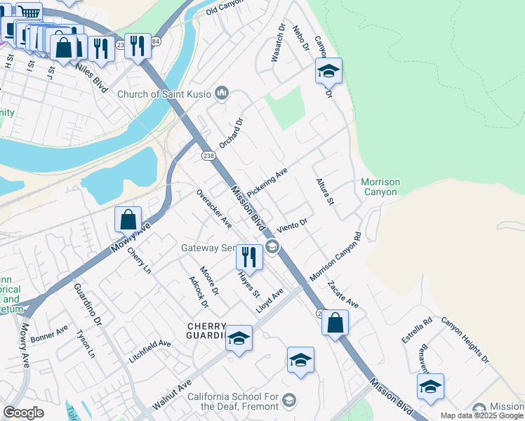 map of restaurants, bars, coffee shops, grocery stores, and more near 38791 Sobrante Street in Fremont