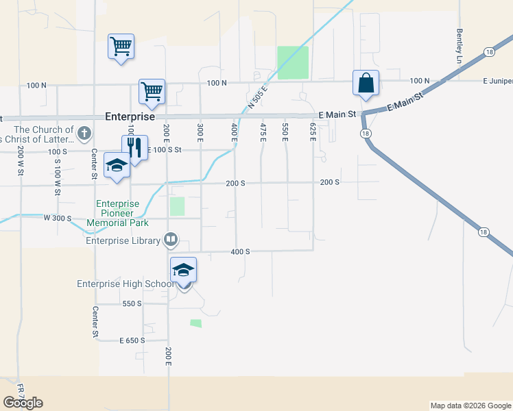 map of restaurants, bars, coffee shops, grocery stores, and more near 246 South 475 East in Enterprise