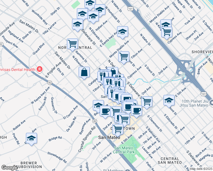 map of restaurants, bars, coffee shops, grocery stores, and more near 78 North Ellsworth Avenue in San Mateo
