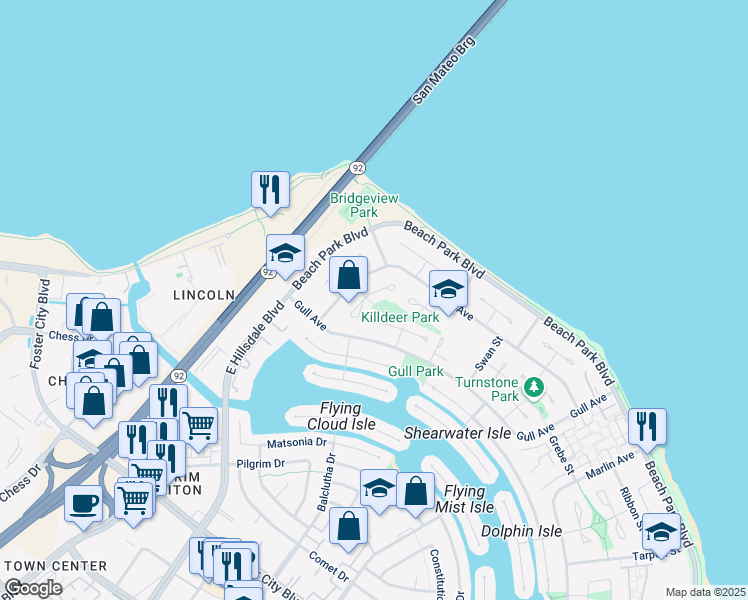 map of restaurants, bars, coffee shops, grocery stores, and more near 249 Sandpiper Court in Foster City
