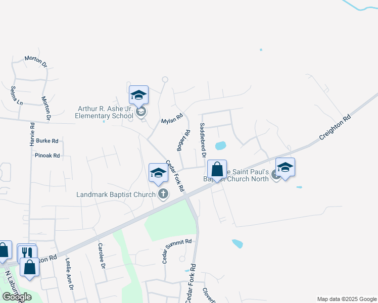 map of restaurants, bars, coffee shops, grocery stores, and more near 4212 Brooking Meadow Drive in Richmond