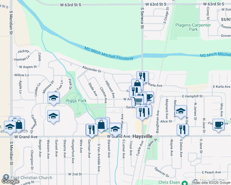 map of restaurants, bars, coffee shops, grocery stores, and more near 328 Hillcrest Avenue in Haysville