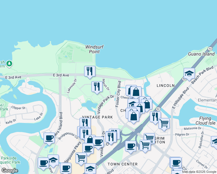map of restaurants, bars, coffee shops, grocery stores, and more near 110 Marsh Drive in Foster City