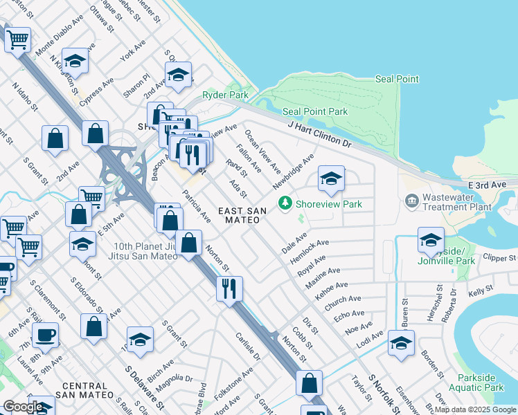 map of restaurants, bars, coffee shops, grocery stores, and more near 1540 Newbridge Avenue in San Mateo