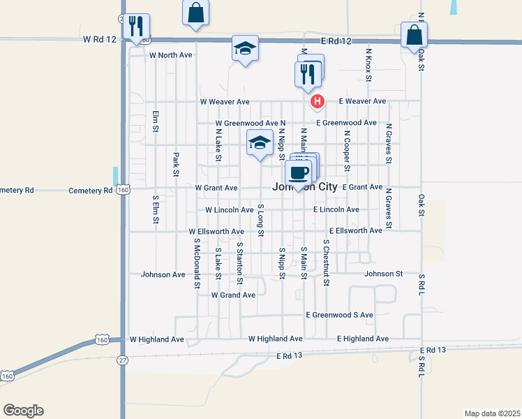 map of restaurants, bars, coffee shops, grocery stores, and more near 300 West Lincoln Avenue in Johnson City