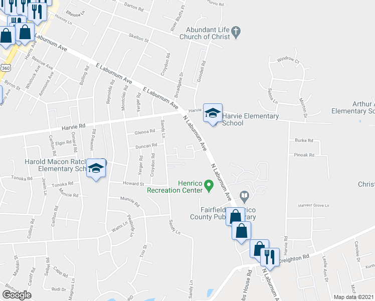 map of restaurants, bars, coffee shops, grocery stores, and more near 3212 Hunters Mill Circle in Richmond