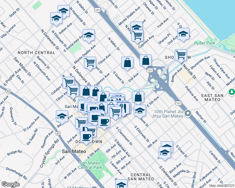 map of restaurants, bars, coffee shops, grocery stores, and more near 201 Lawrence Road in San Mateo