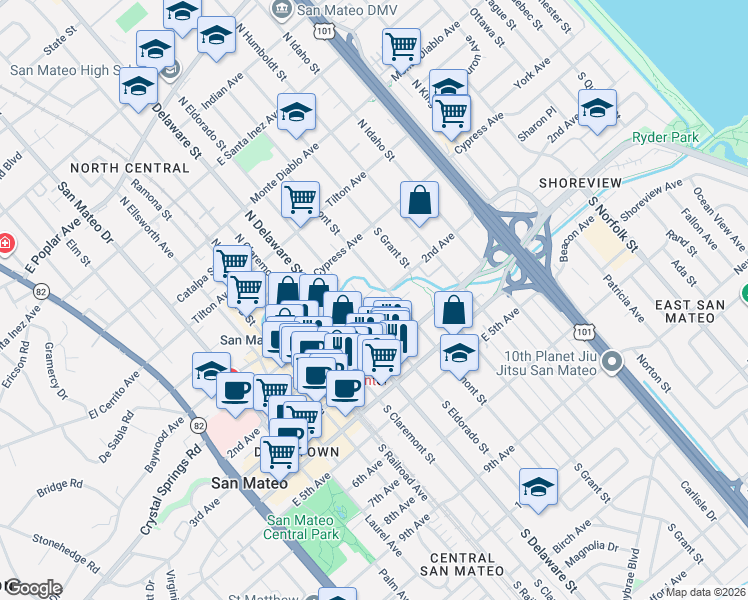 map of restaurants, bars, coffee shops, grocery stores, and more near 700 1st Avenue in San Mateo