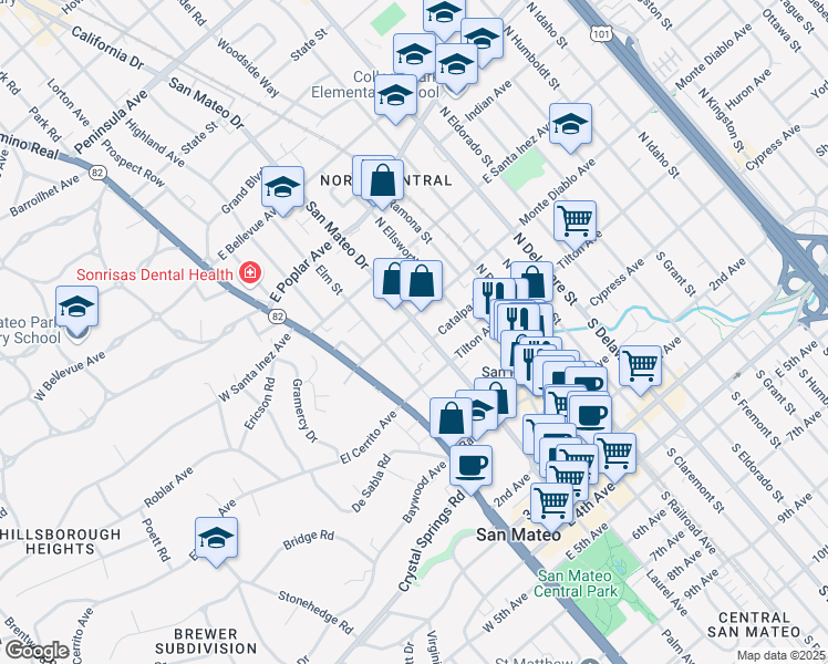 map of restaurants, bars, coffee shops, grocery stores, and more near 137 San Mateo Drive in San Mateo