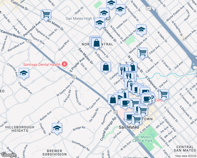 map of restaurants, bars, coffee shops, grocery stores, and more near 25 Monte Diablo Avenue in San Mateo