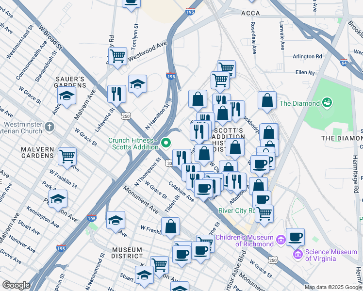 map of restaurants, bars, coffee shops, grocery stores, and more near 1308 Roseneath Road in Richmond