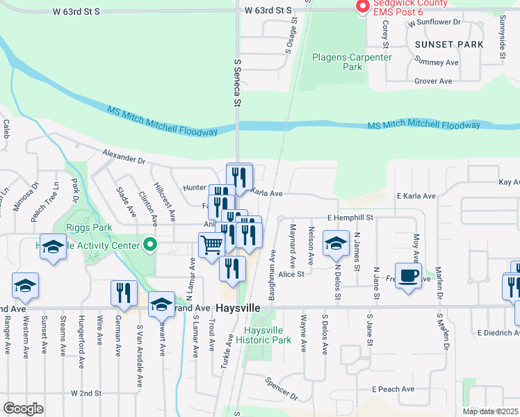 map of restaurants, bars, coffee shops, grocery stores, and more near 334 North Main Street in Haysville