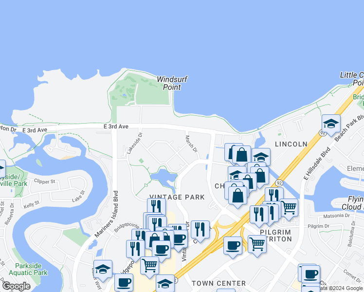 map of restaurants, bars, coffee shops, grocery stores, and more near 305 Velocity Way in Foster City