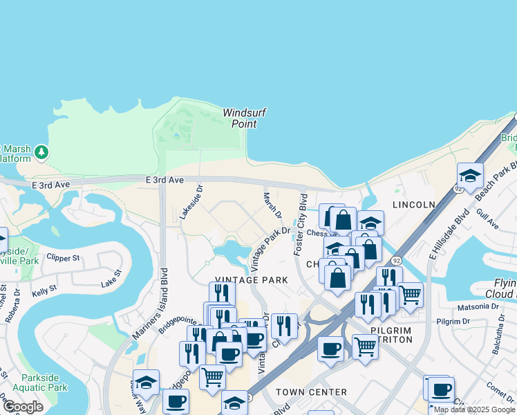 map of restaurants, bars, coffee shops, grocery stores, and more near 305 Velocity Way in Foster City