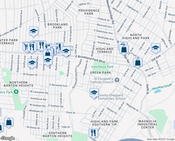 map of restaurants, bars, coffee shops, grocery stores, and more near 610 Fourqurean Lane in Richmond