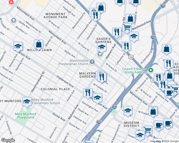 map of restaurants, bars, coffee shops, grocery stores, and more near in Richmond