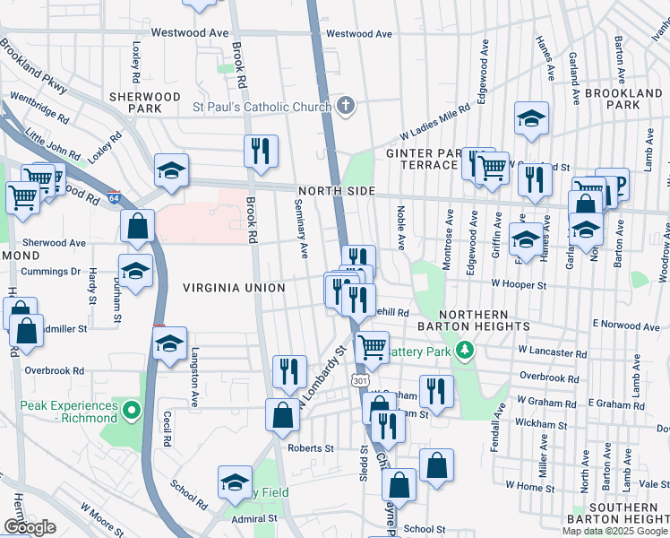 map of restaurants, bars, coffee shops, grocery stores, and more near 2712 Chamberlayne Avenue in Richmond