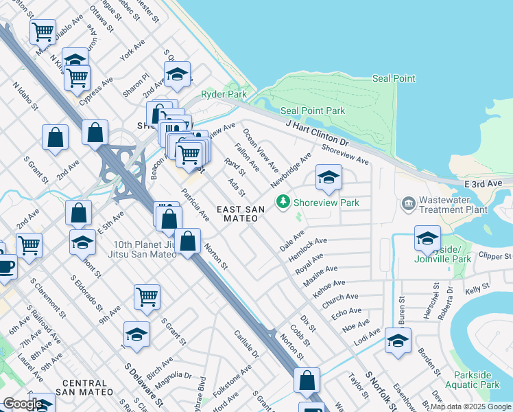 map of restaurants, bars, coffee shops, grocery stores, and more near 1540 Newbridge Avenue in San Mateo