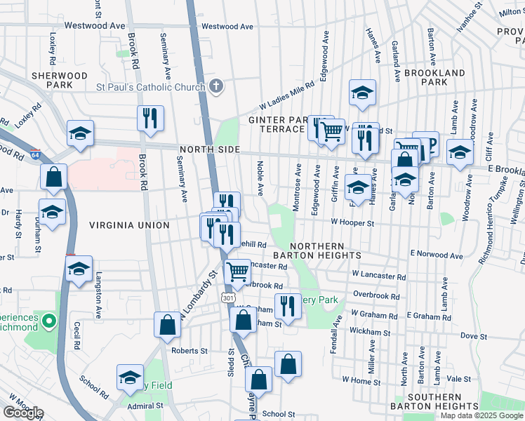 map of restaurants, bars, coffee shops, grocery stores, and more near 2808 Dupont Circle in Richmond