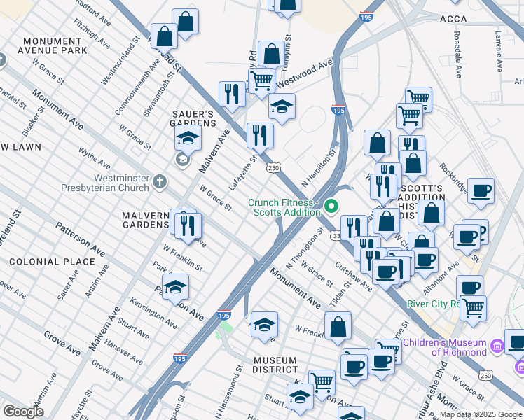 map of restaurants, bars, coffee shops, grocery stores, and more near 3805 Cutshaw Avenue in Richmond