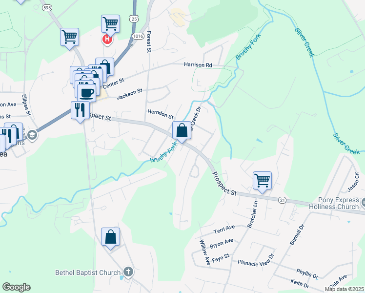 map of restaurants, bars, coffee shops, grocery stores, and more near 702 Prospect Street in Berea