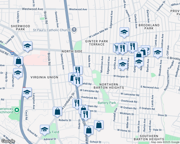 map of restaurants, bars, coffee shops, grocery stores, and more near 2808 Dupont Circle in Richmond