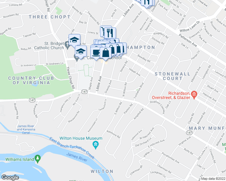 map of restaurants, bars, coffee shops, grocery stores, and more near 5417 Tuckahoe Avenue in Richmond
