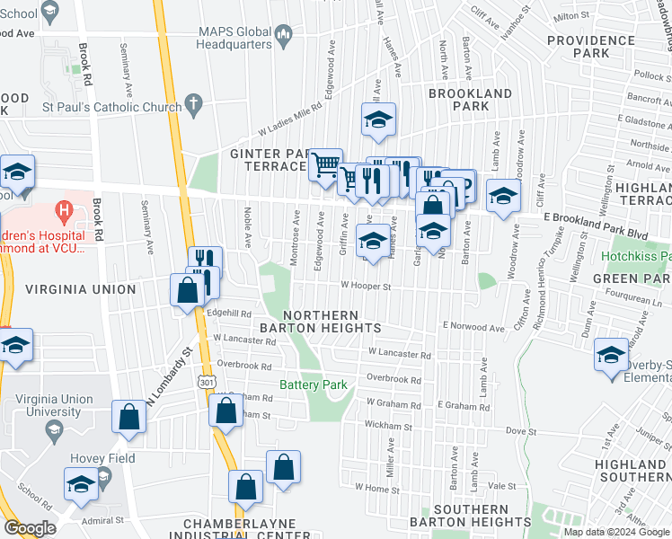 map of restaurants, bars, coffee shops, grocery stores, and more near 2810 Griffin Avenue in Richmond