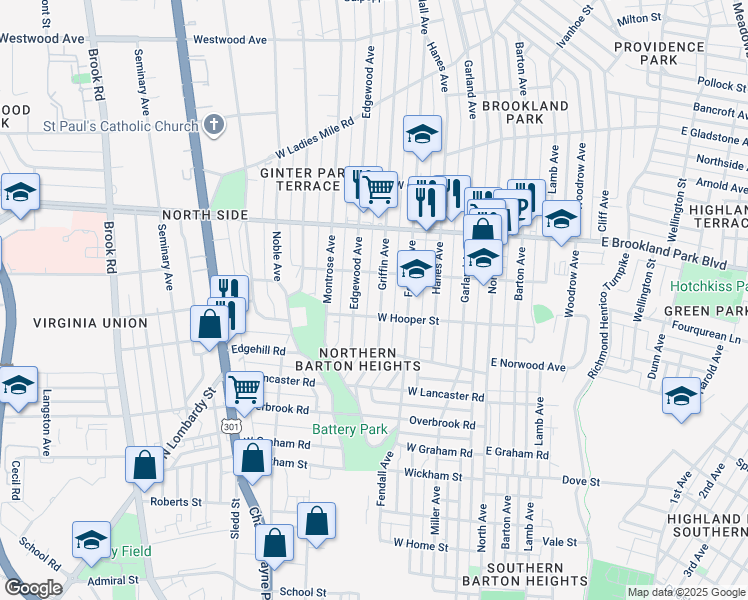 map of restaurants, bars, coffee shops, grocery stores, and more near 2810 Griffin Avenue in Richmond