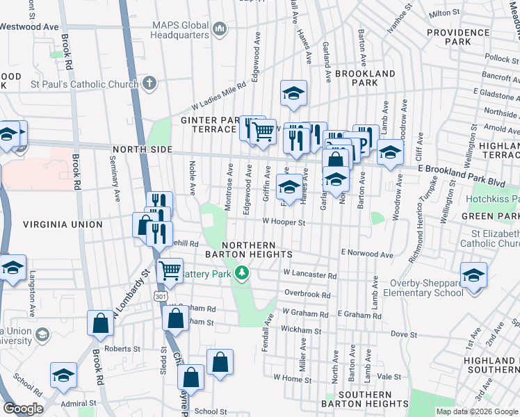 map of restaurants, bars, coffee shops, grocery stores, and more near 2805 Griffin Avenue in Richmond