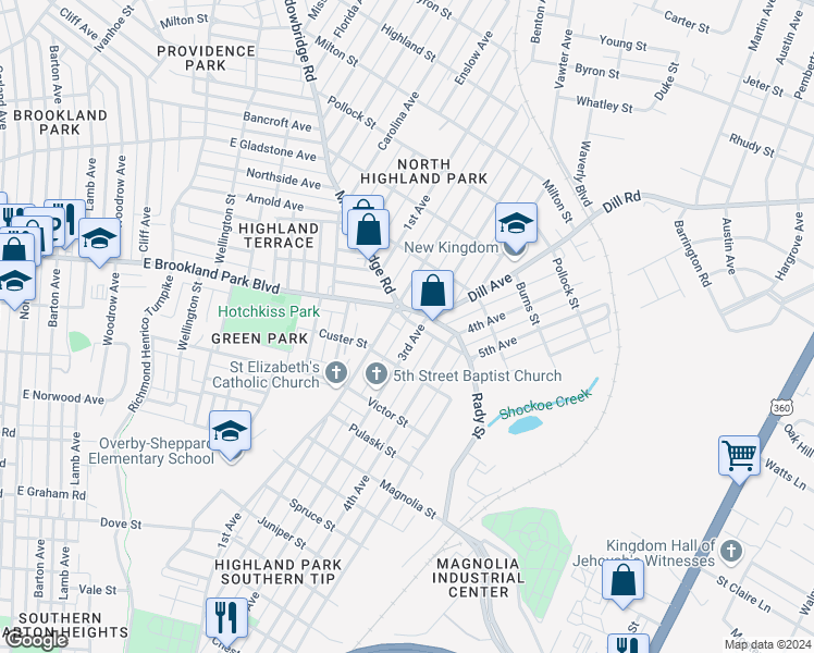 map of restaurants, bars, coffee shops, grocery stores, and more near 1311 East Brookland Park Boulevard in Richmond