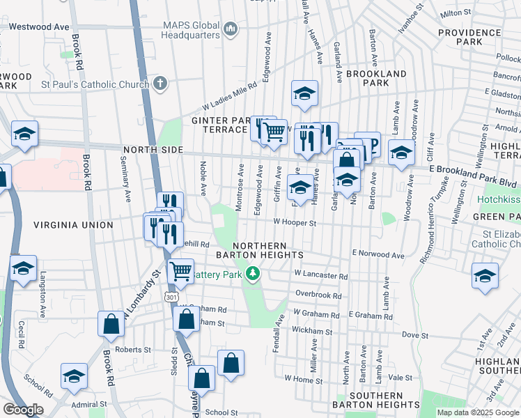 map of restaurants, bars, coffee shops, grocery stores, and more near 2802 Edgewood Avenue in Richmond