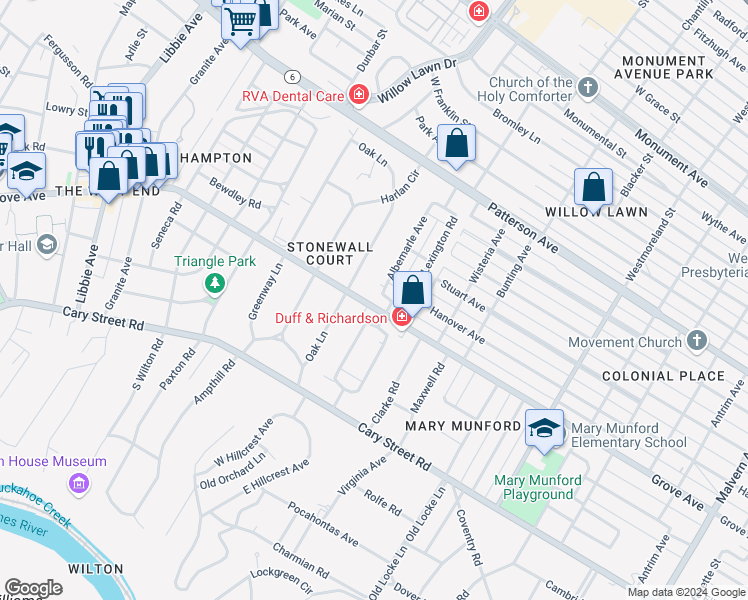 map of restaurants, bars, coffee shops, grocery stores, and more near 5006 Grove Avenue in Richmond