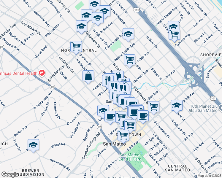 map of restaurants, bars, coffee shops, grocery stores, and more near 78 North Ellsworth Avenue in San Mateo