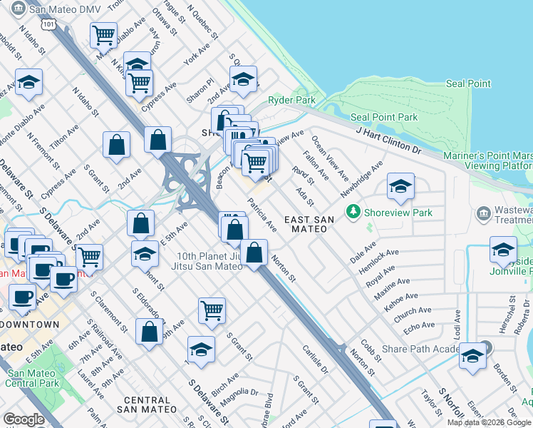 map of restaurants, bars, coffee shops, grocery stores, and more near 808 Howe Street in San Mateo