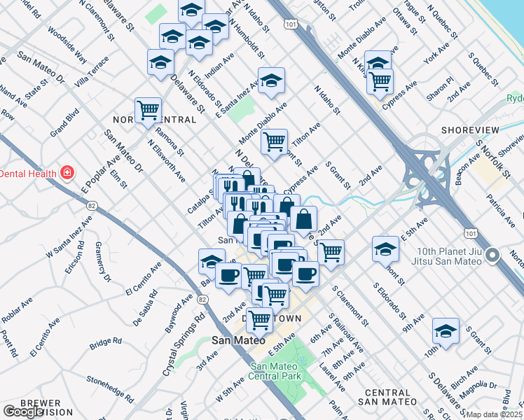 map of restaurants, bars, coffee shops, grocery stores, and more near 2 South Claremont Street in San Mateo
