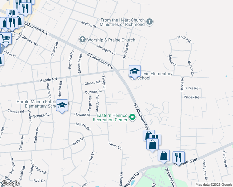 map of restaurants, bars, coffee shops, grocery stores, and more near 3246 Hunters Mill Drive in Richmond