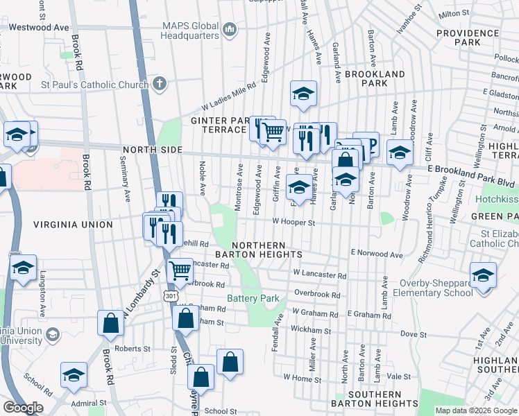 map of restaurants, bars, coffee shops, grocery stores, and more near 2802 Edgewood Avenue in Richmond