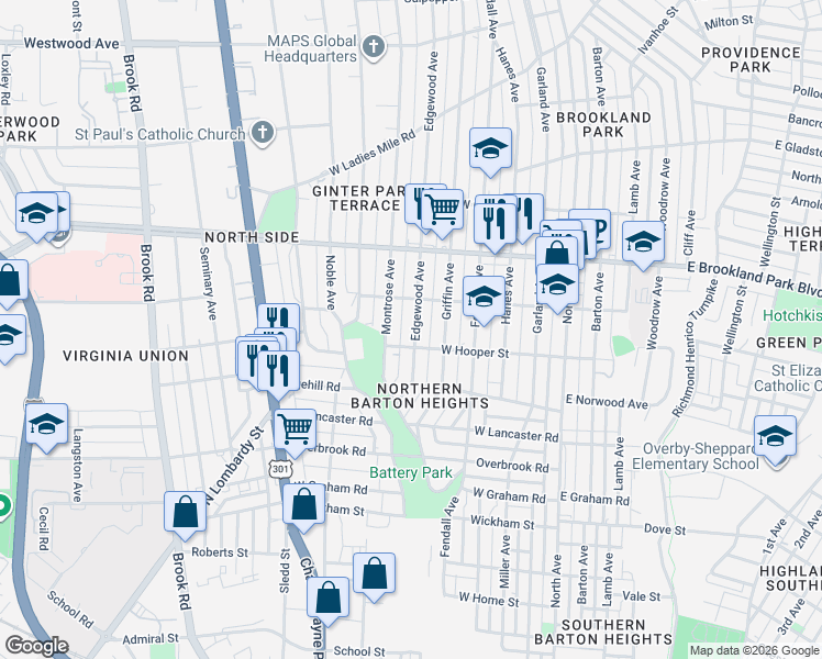 map of restaurants, bars, coffee shops, grocery stores, and more near 2802 Edgewood Avenue in Richmond